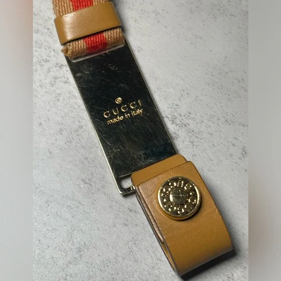 GUCCI TAN/RED ID LANYARD NECK STRAP STRIPED SHERRY LINE INTERLOCKING LEATHER - Picture 3 of 7